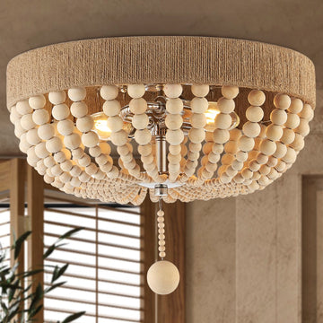 Justina Wood Bead 14" Farmhouse Bohemian Iron LED Flush Mount - JONATHAN Y